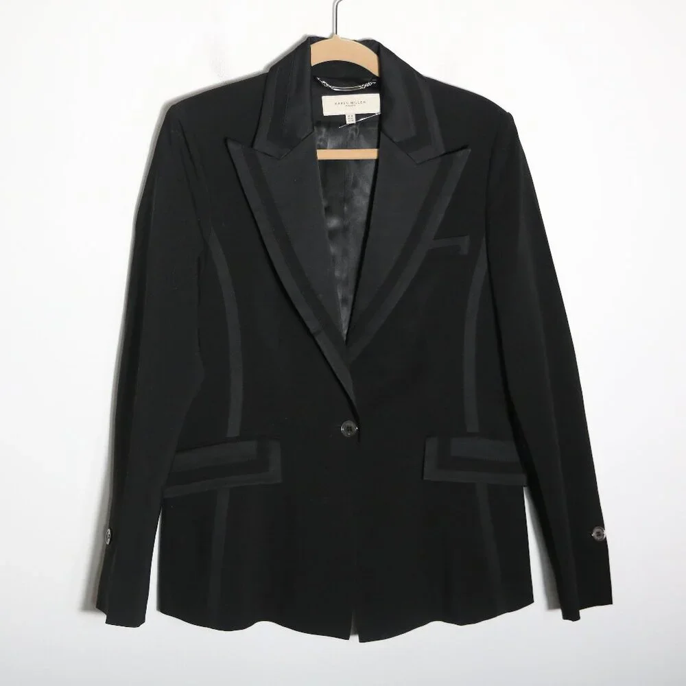 Karen Millen Womens Tuxedo Style Blazer 12 Wool Blend Tailored Structured Modern